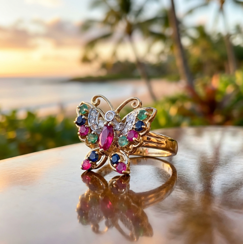 Vintage Multi-Jewel Butterfly Ring in 14k Gold