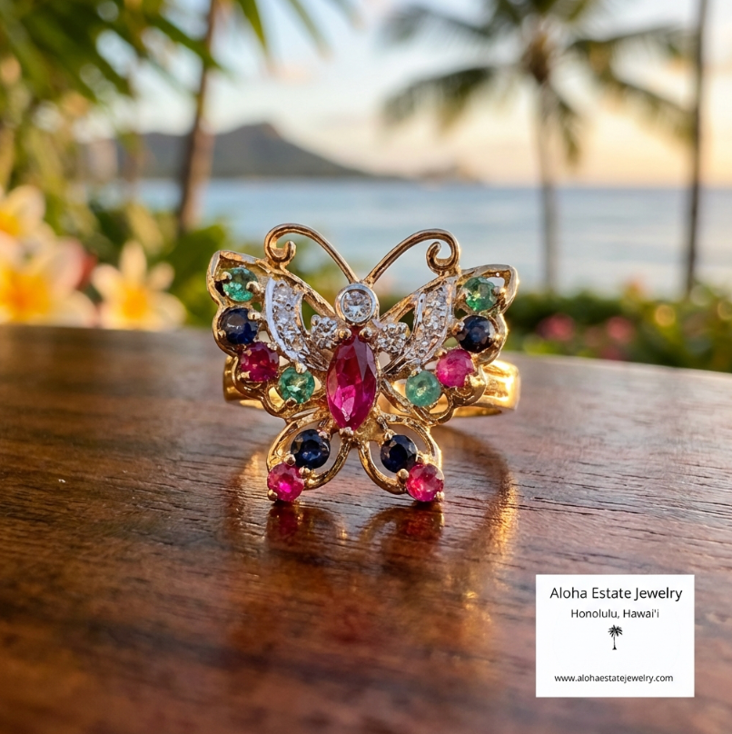 Vintage Multi-Jewel Butterfly Ring in 14k Gold
