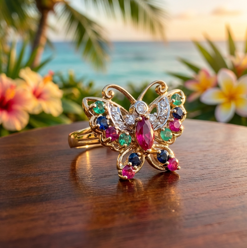 Vintage Multi-Jewel Butterfly Ring in 14k Gold