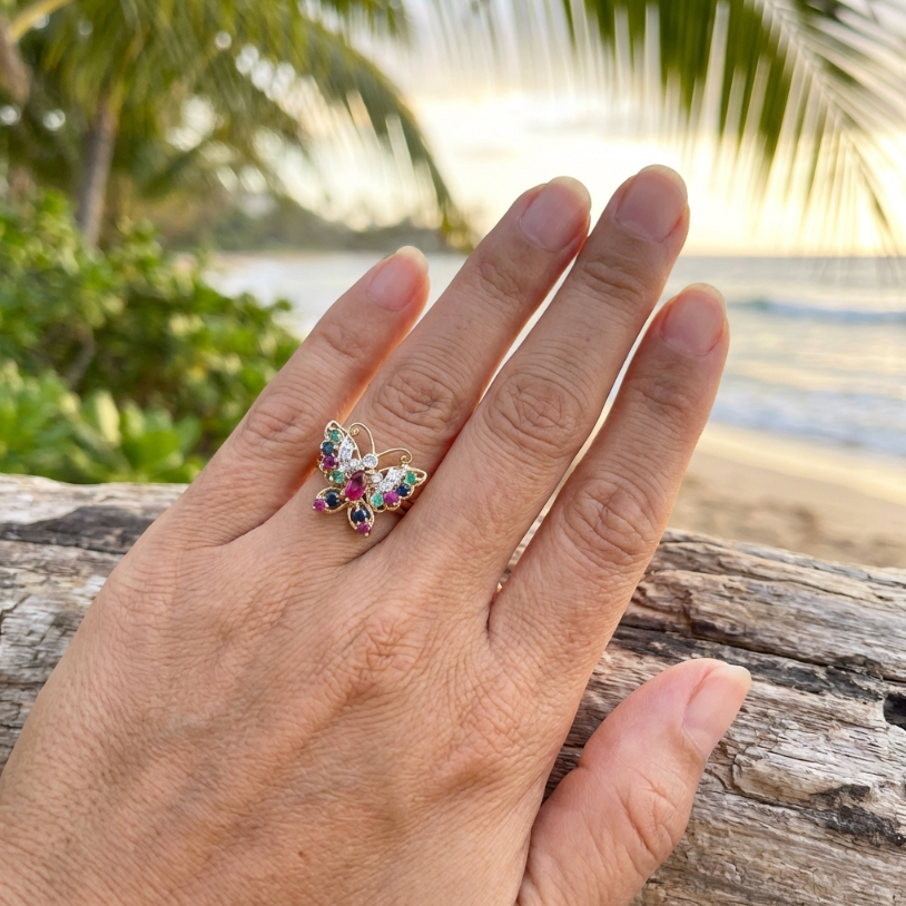 Vintage Multi-Jewel Butterfly Ring in 14k Gold