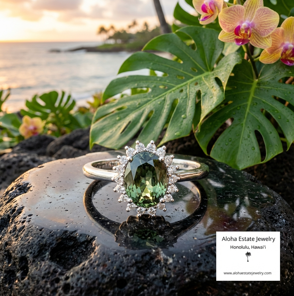 1.23-Carat Green Tanzanite & Diamond Halo Ring in 14k