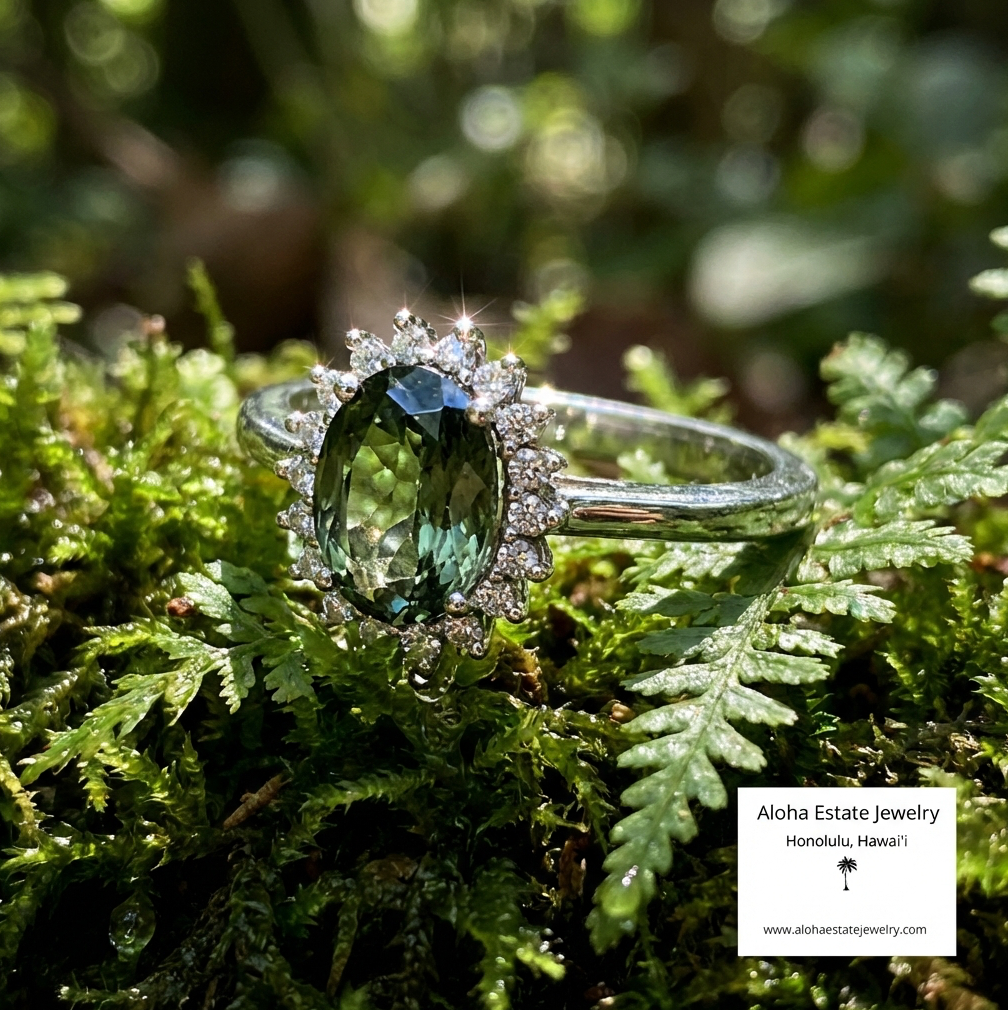 1.23-Carat Green Tanzanite & Diamond Halo Ring in 14k