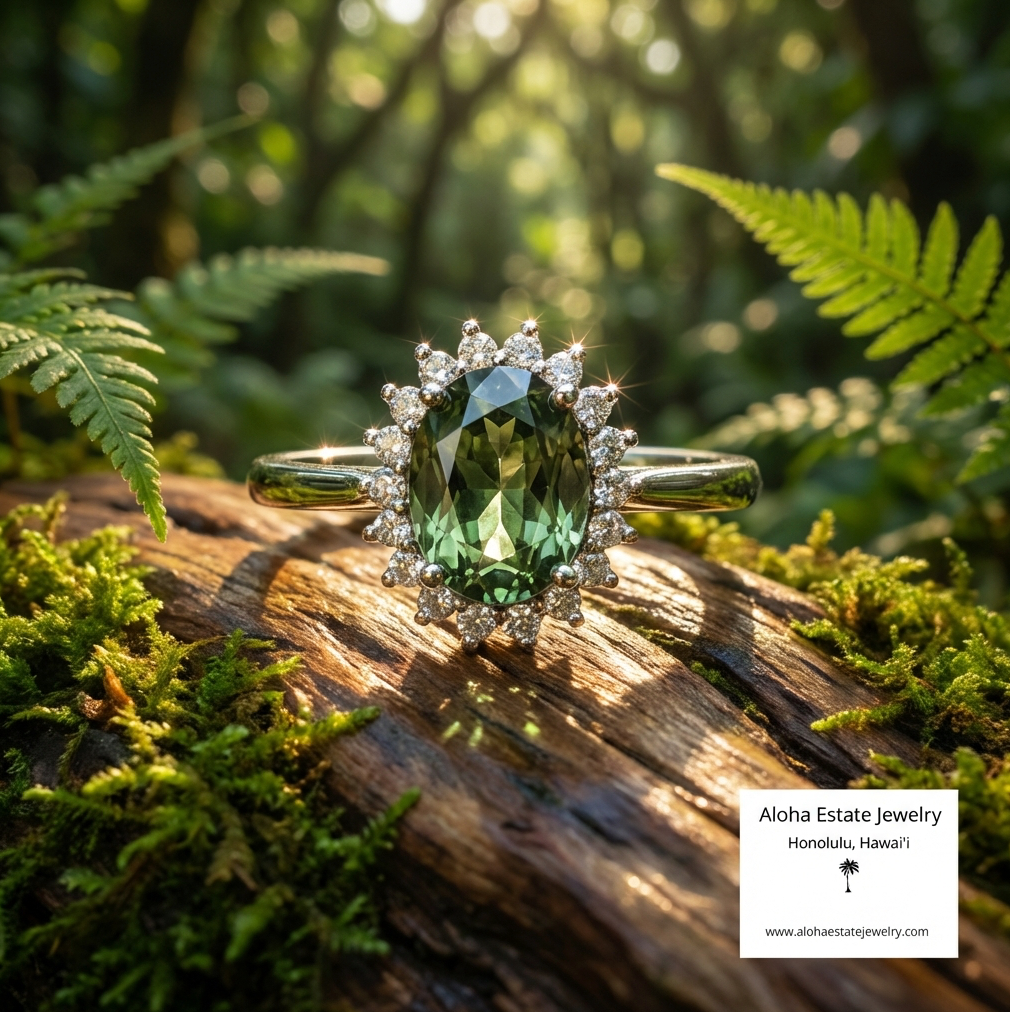 1.23-Carat Green Tanzanite & Diamond Halo Ring in 14k