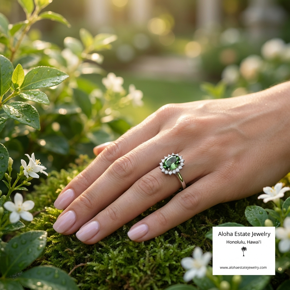 1.23-Carat Green Tanzanite & Diamond Halo Ring in 14k