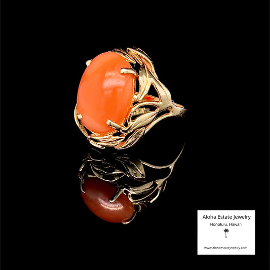 Vintage 4-Carats Coral Cabochon in 14K Foliate Setting