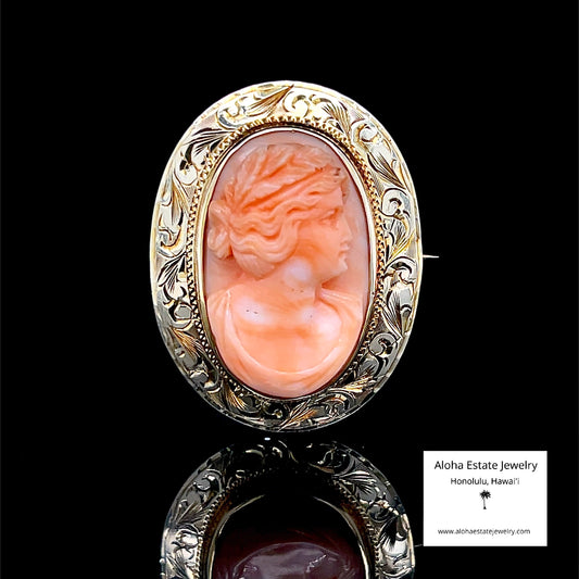 Anitque Hand Carved Angel Skin Coral Cameo Pin or Brooch c. 1910