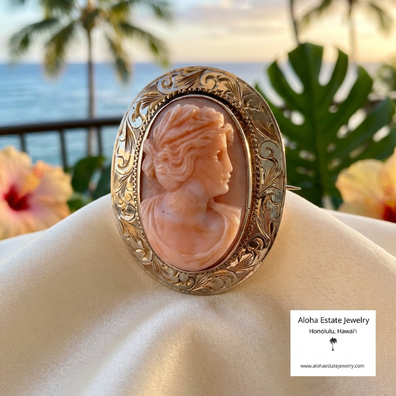 Antique Hand Carved Angel Skin Coral Cameo Pin or Brooch c. 1910