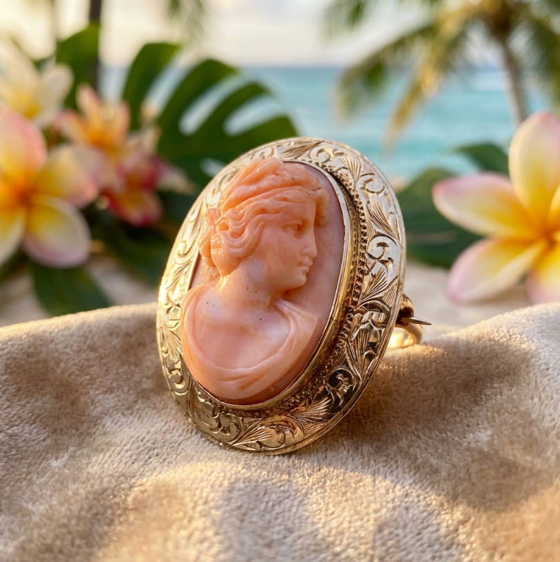 Antique Hand Carved Angel Skin Coral Cameo Pin or Brooch c. 1910