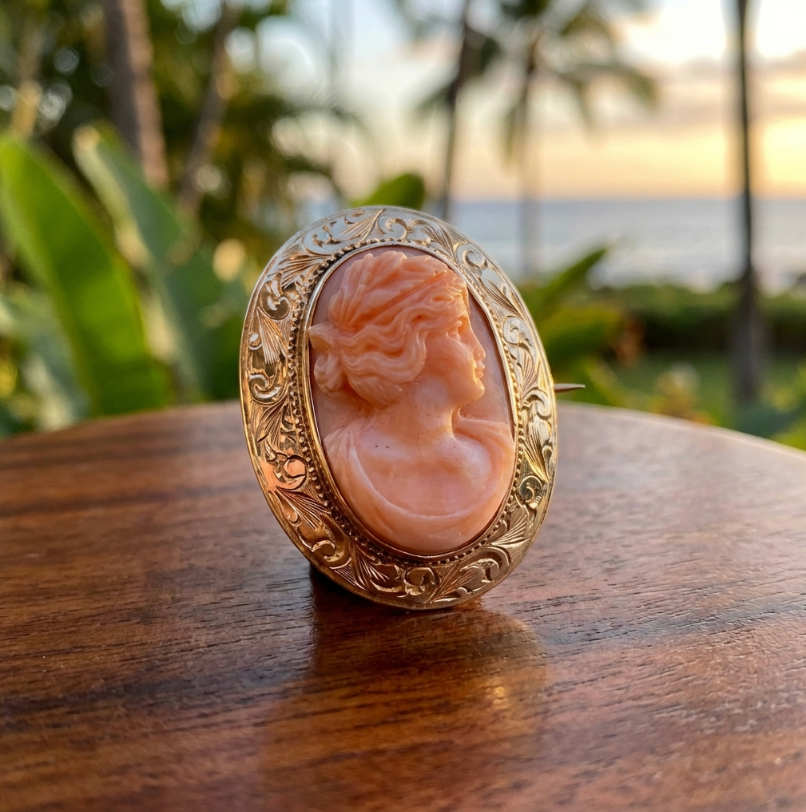 Antique Hand Carved Angel Skin Coral Cameo Pin or Brooch c. 1910
