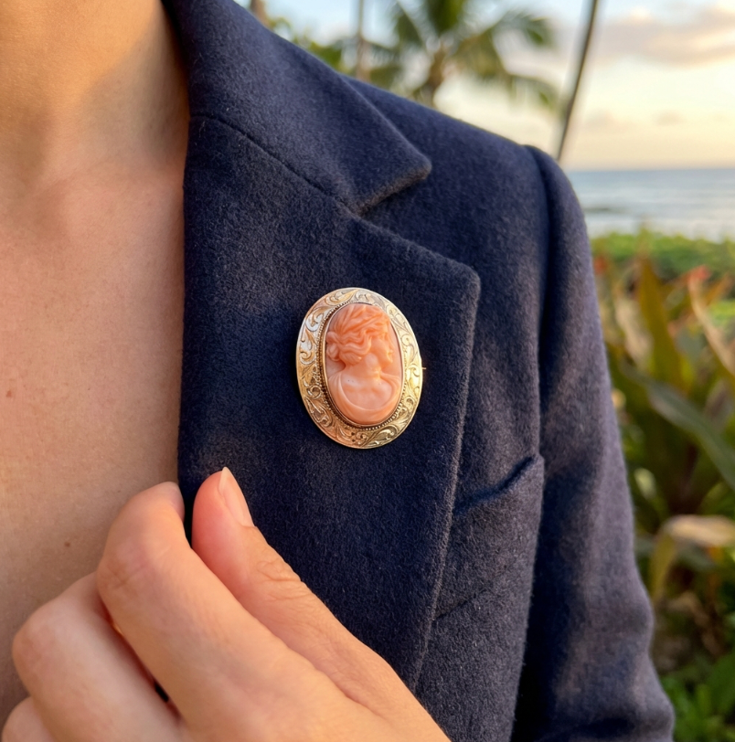 Antique Hand Carved Angel Skin Coral Cameo Pin or Brooch c. 1910