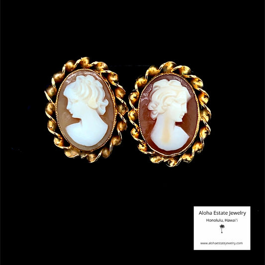 Vintage 14K Italian Hand Carved Cameo Earrings
