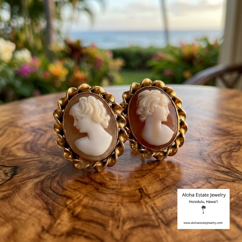 Vintage 14K Italian Hand Carved Cameo Earrings
