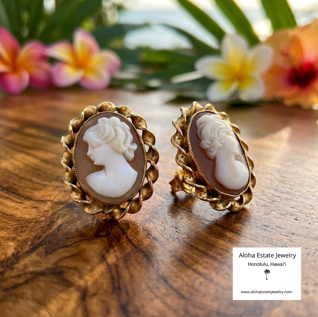 Vintage 14K Italian Hand Carved Cameo Earrings