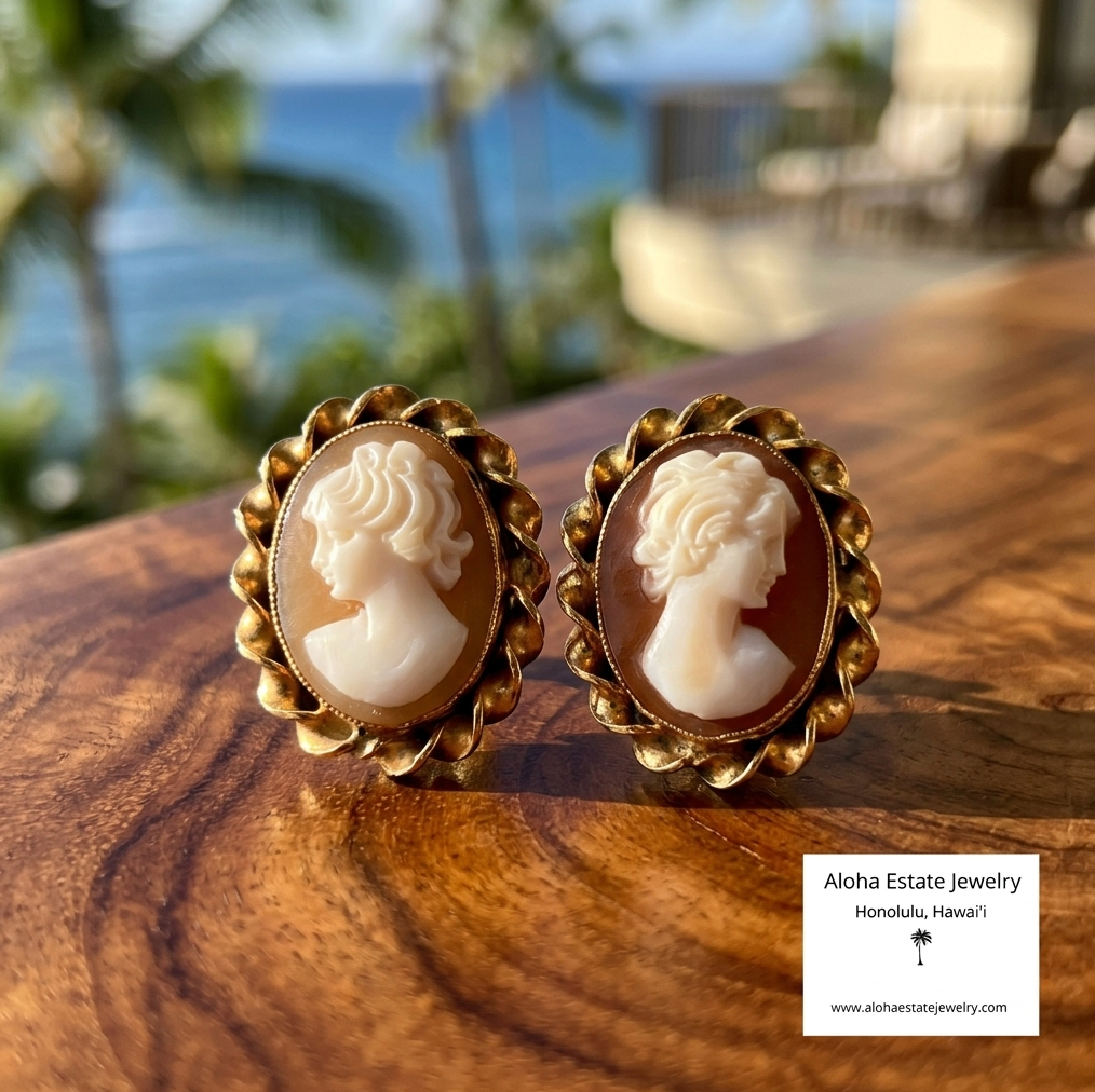 Vintage 14K Italian Hand Carved Cameo Earrings