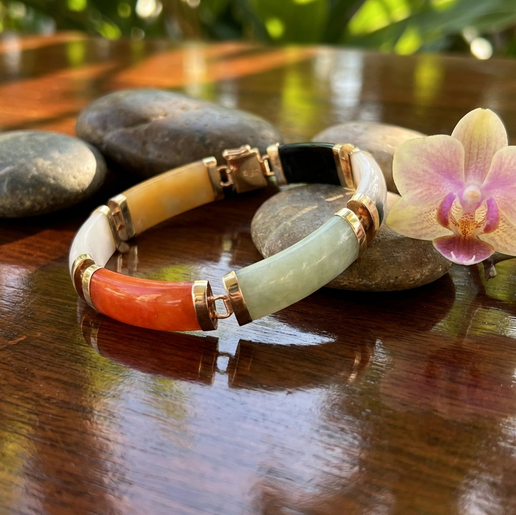 Multi-Color 14K Natural Jadeite & Black Nephrite Panel Bracelet