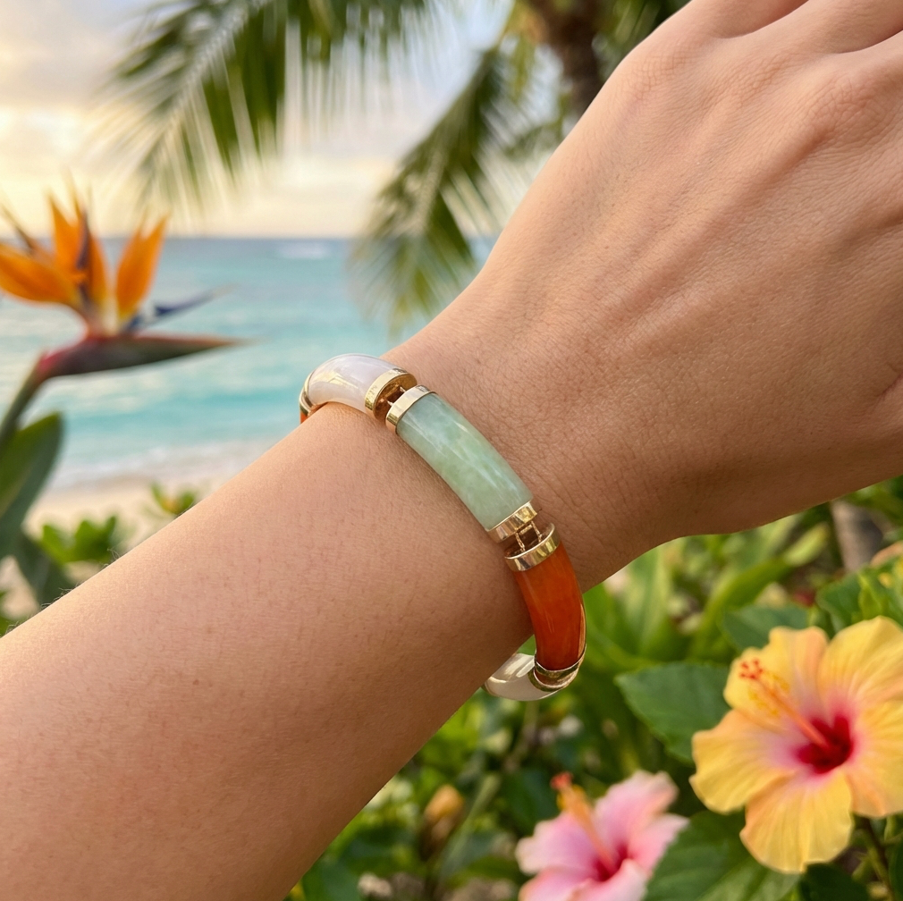 Multi-Color 14K Natural Jadeite & Black Nephrite Panel Bracelet