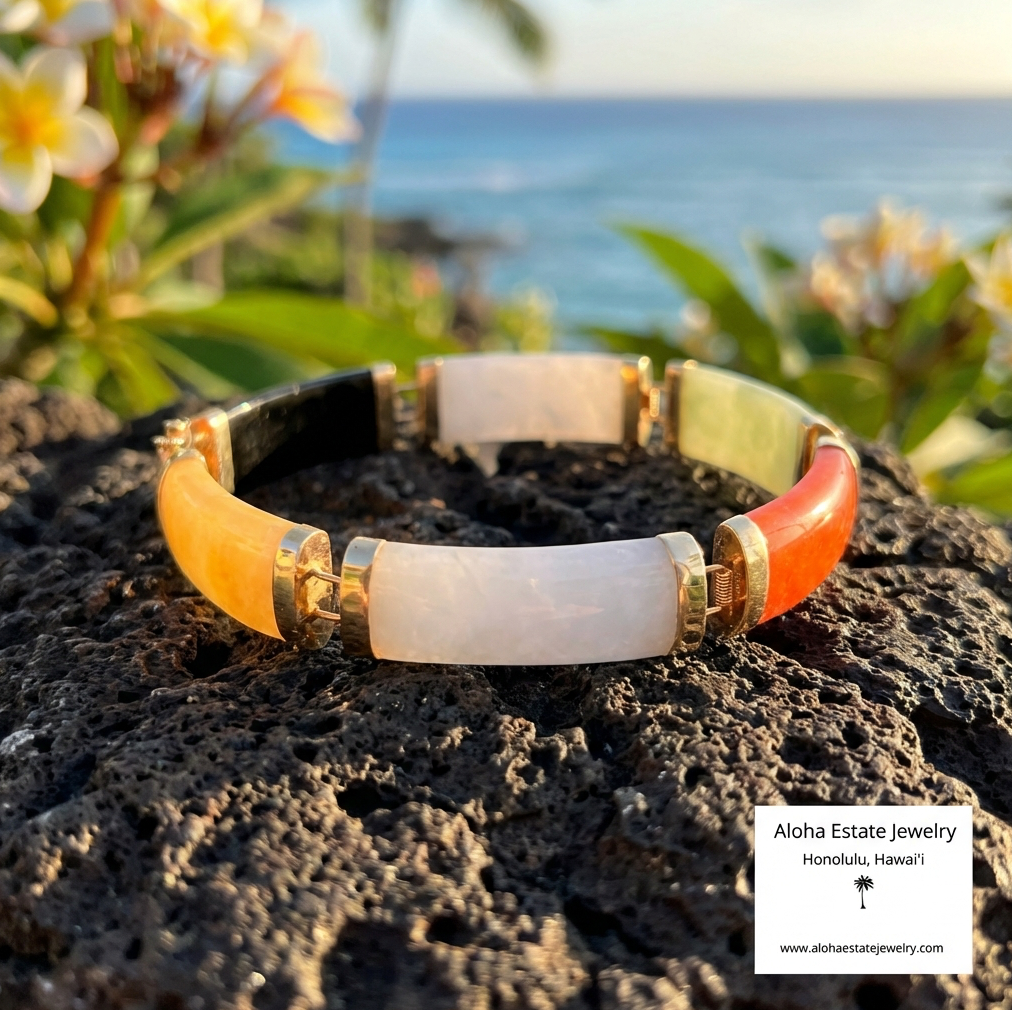 Multi-Color 14K Natural Jadeite & Black Nephrite Panel Bracelet