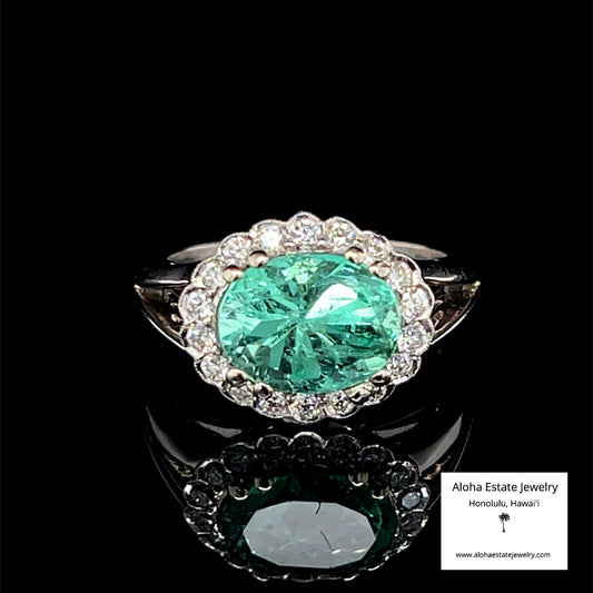 2.00-Carat Natural Emerald & Diamond Ring in 14k White Gold