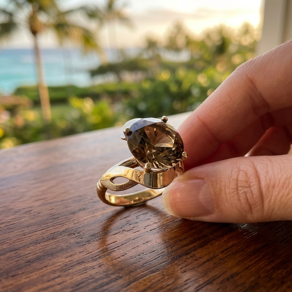 Vintage Round-Cut Smokey Quartz Solitaire in Custom 10K Yellow Gold Setting