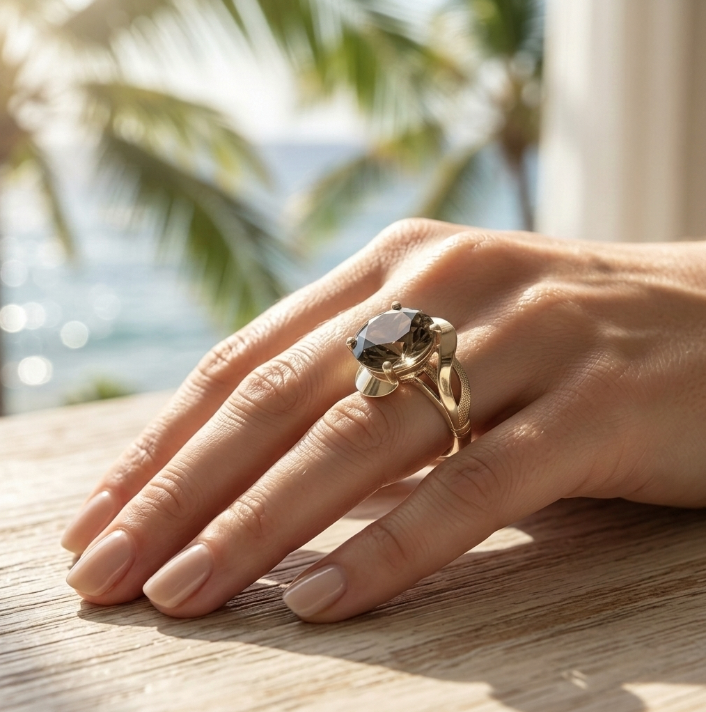 Vintage Round-Cut Smokey Quartz Solitaire in Custom 10K Yellow Gold Setting