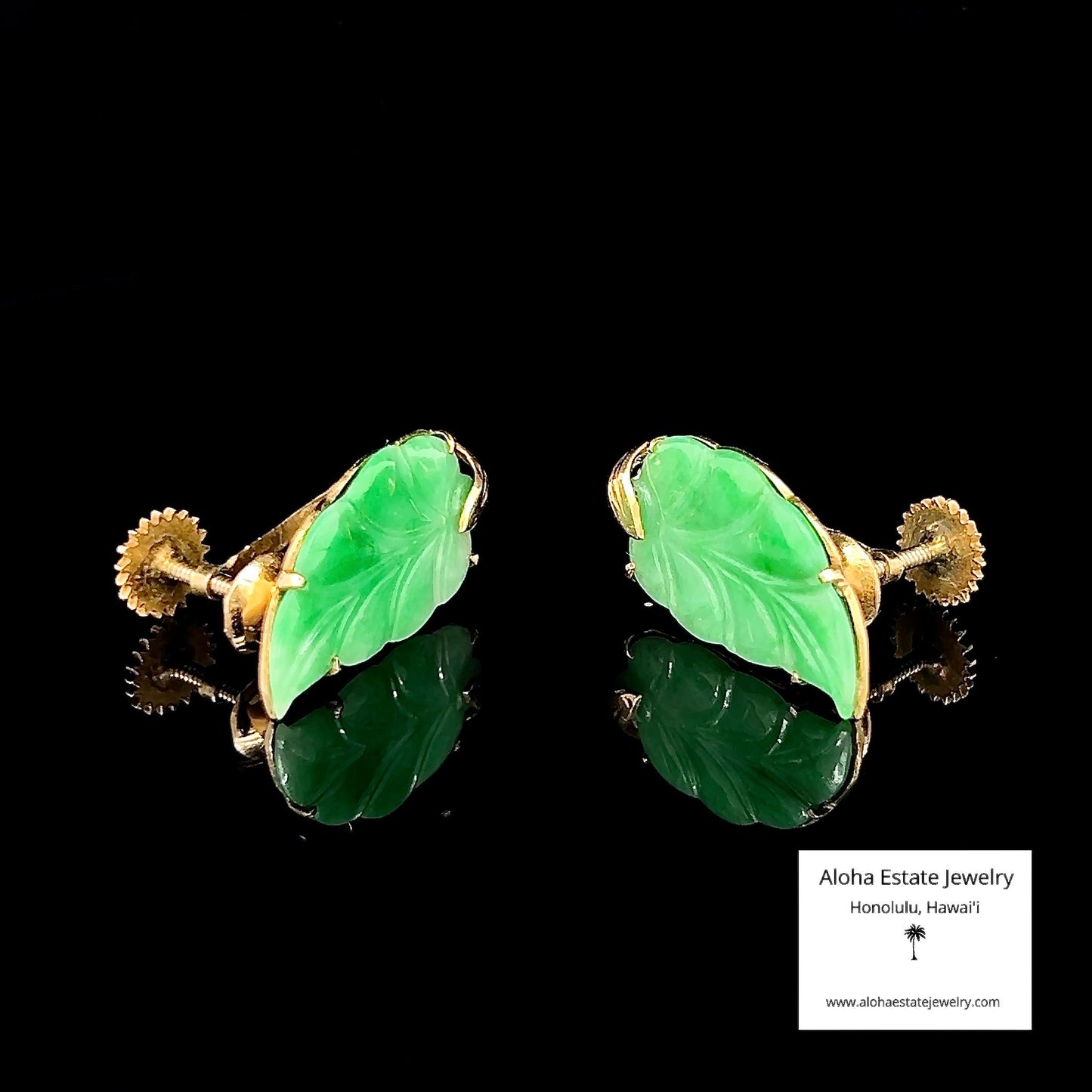 Vintage 18K Leaf Carved Jade Earrings