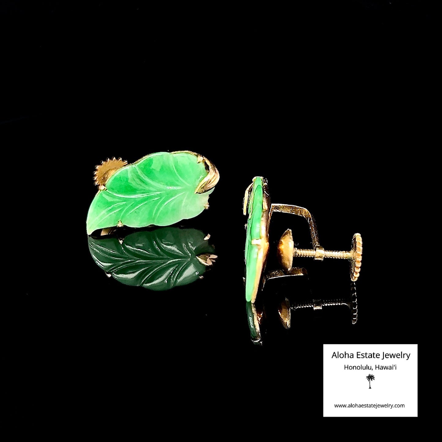 Vintage 18K Leaf Carved Jade Earrings