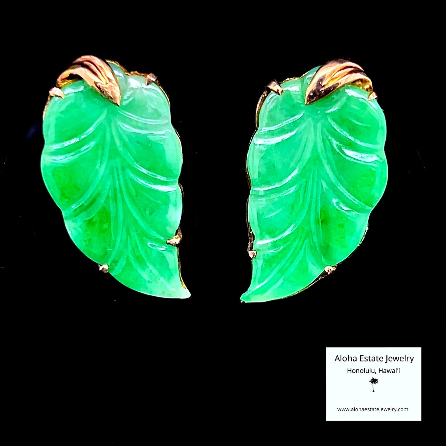 Vintage 18K Leaf Carved Jade Earrings