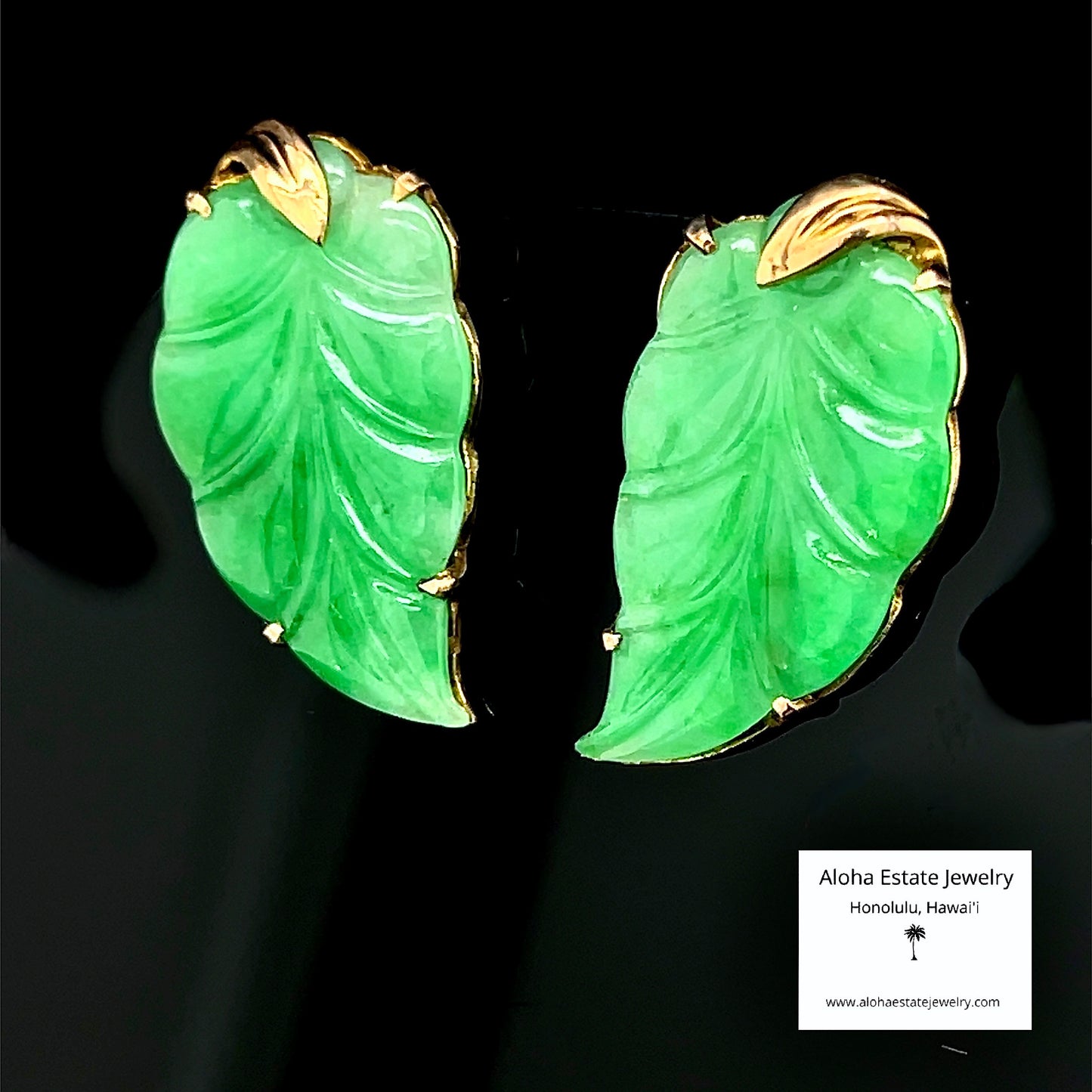 Vintage 18K Leaf Carved Jade Earrings