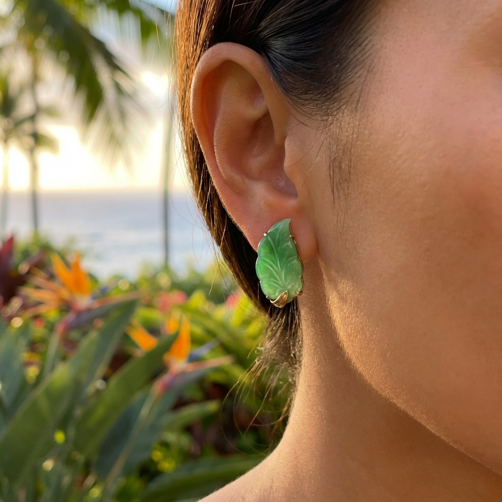 Vintage 18K Leaf Carved Jade Earrings