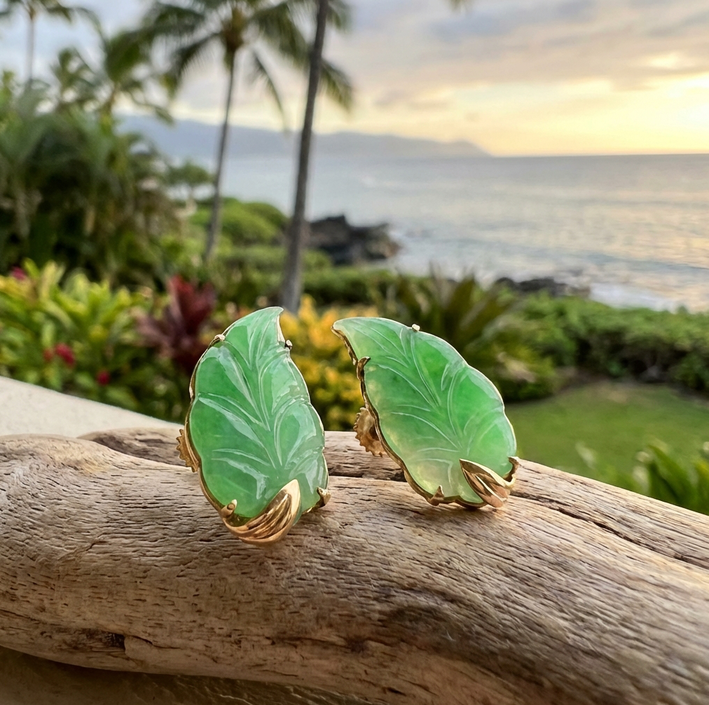 Vintage 18K Leaf Carved Jade Earrings