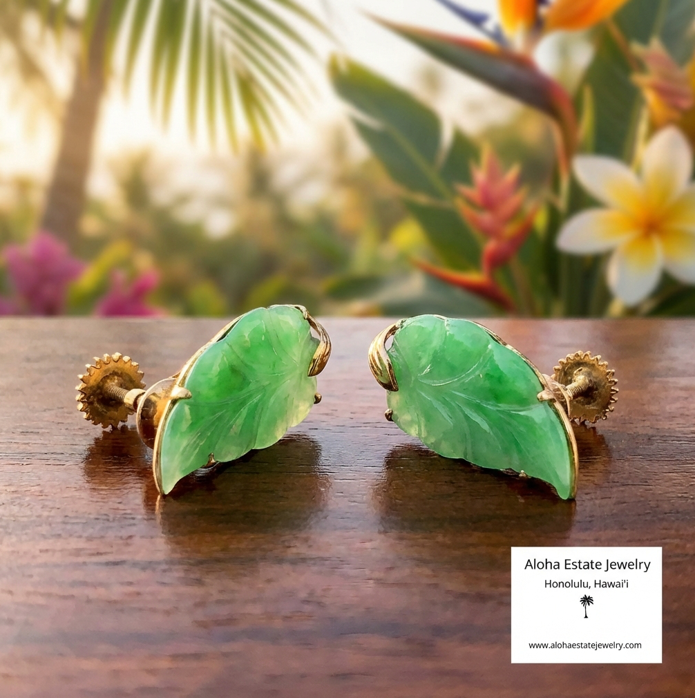 Vintage 18K Leaf Carved Jade Earrings