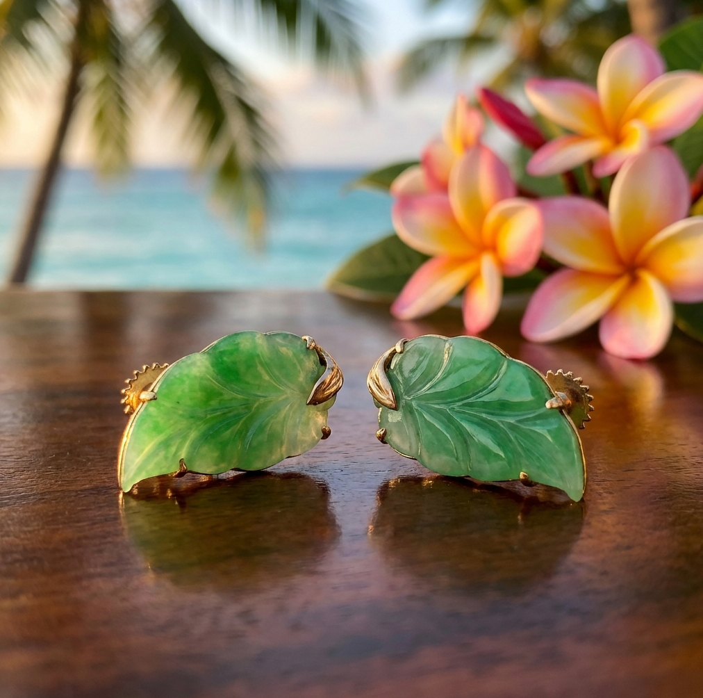 Vintage 18K Leaf Carved Jade Earrings
