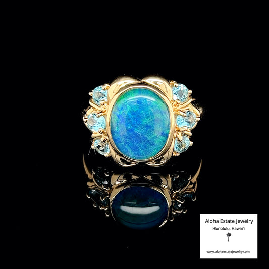 Australian Blue-Green Black Opal & Blue Spinel Ring in 14K