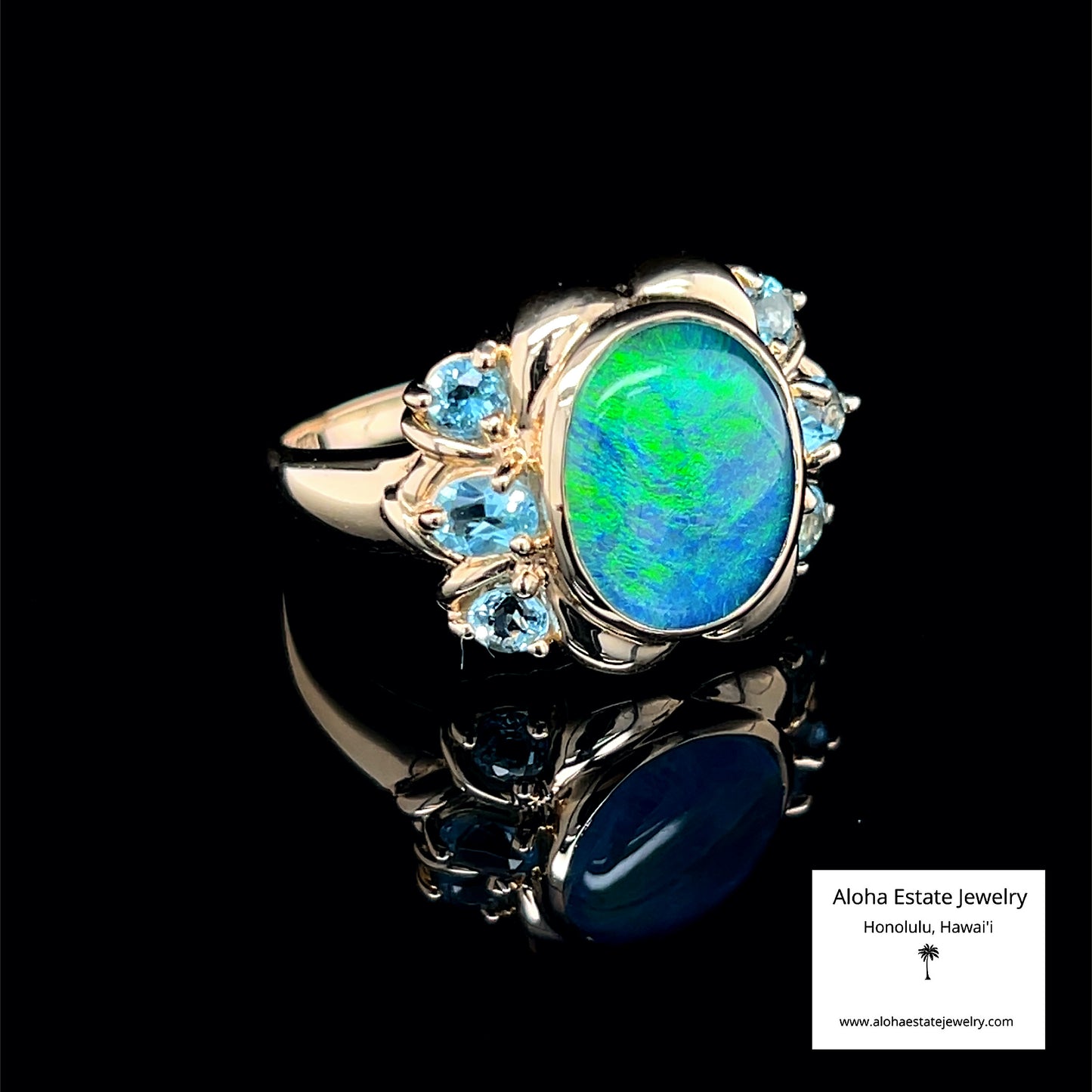 Australian Blue-Green Black Opal & Blue Spinel Ring in 14K