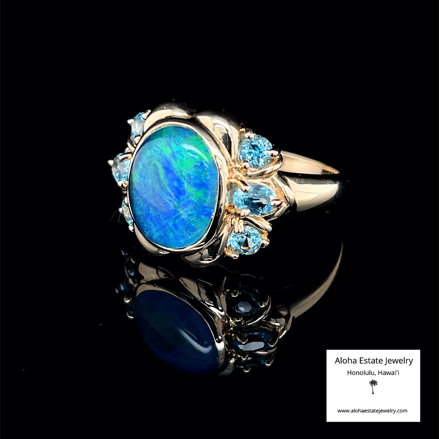 Australian Blue-Green Black Opal & Blue Spinel Ring in 14K