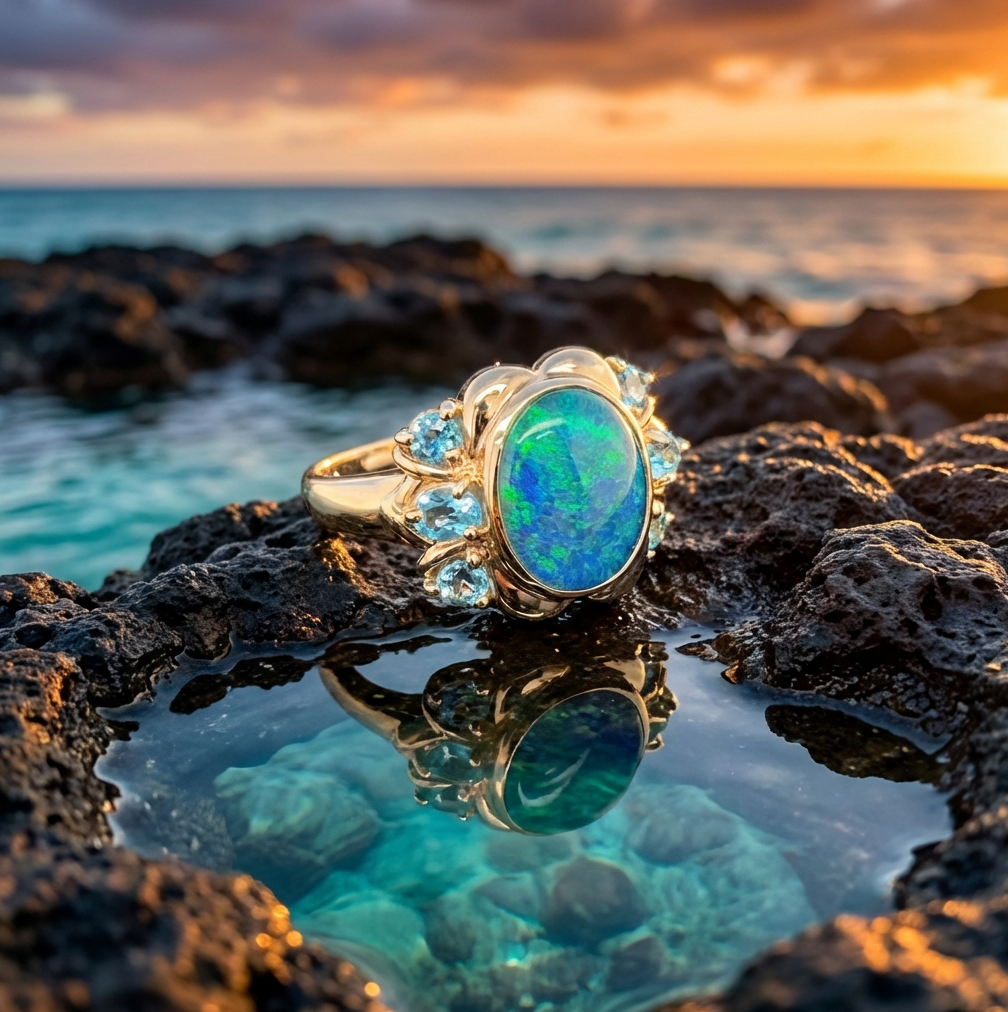 Australian Blue-Green Black Opal & Blue Spinel Ring in 14K