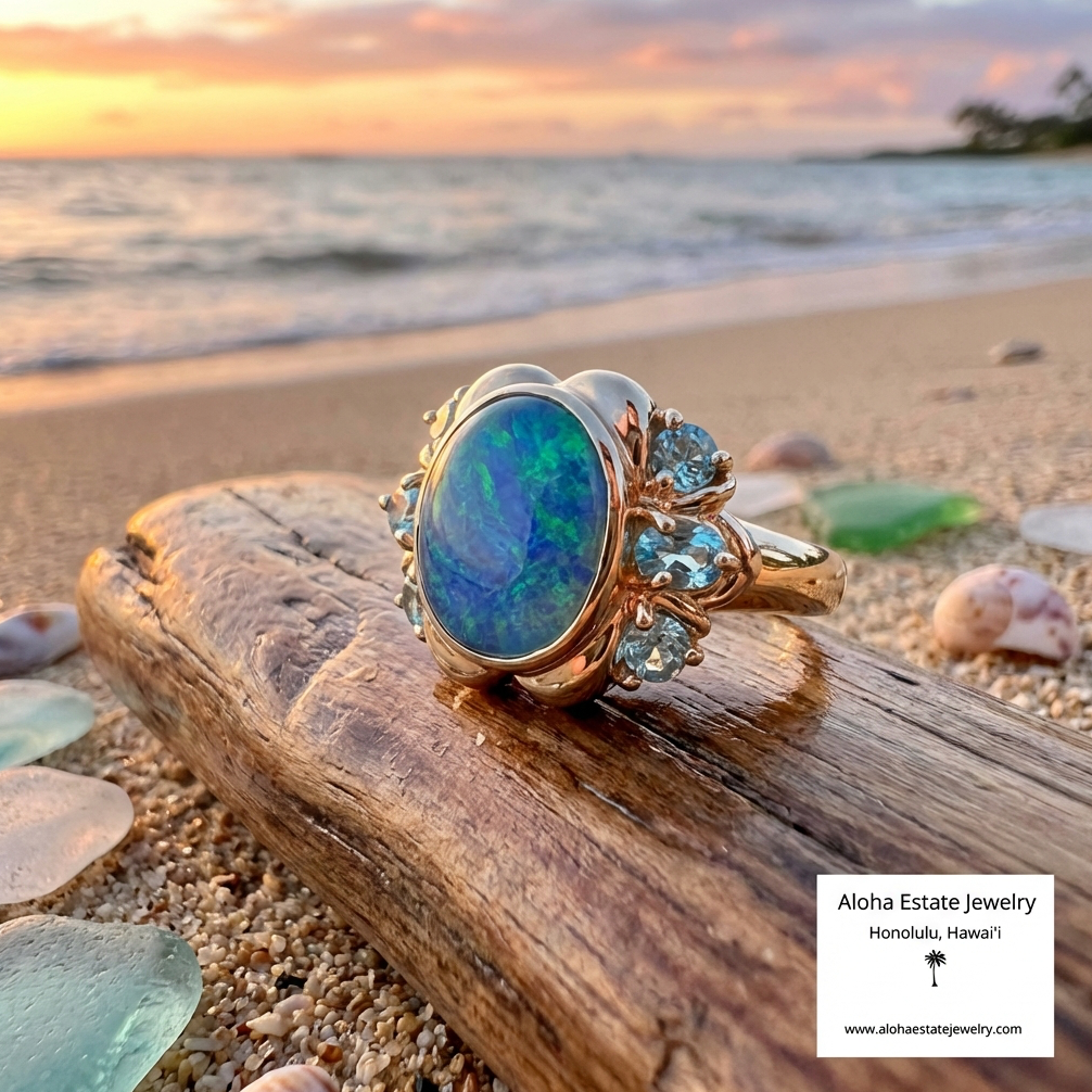 Australian Blue-Green Black Opal & Blue Spinel Ring in 14K