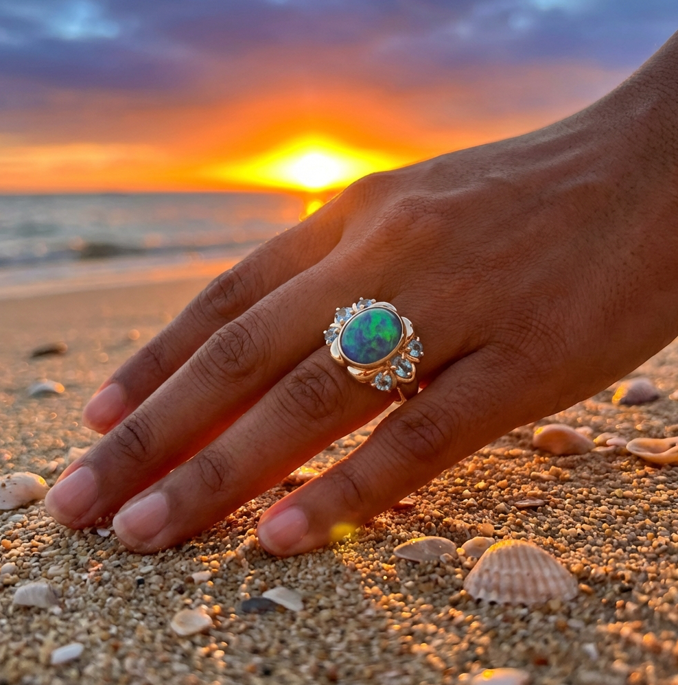 Australian Blue-Green Black Opal & Blue Spinel Ring in 14K