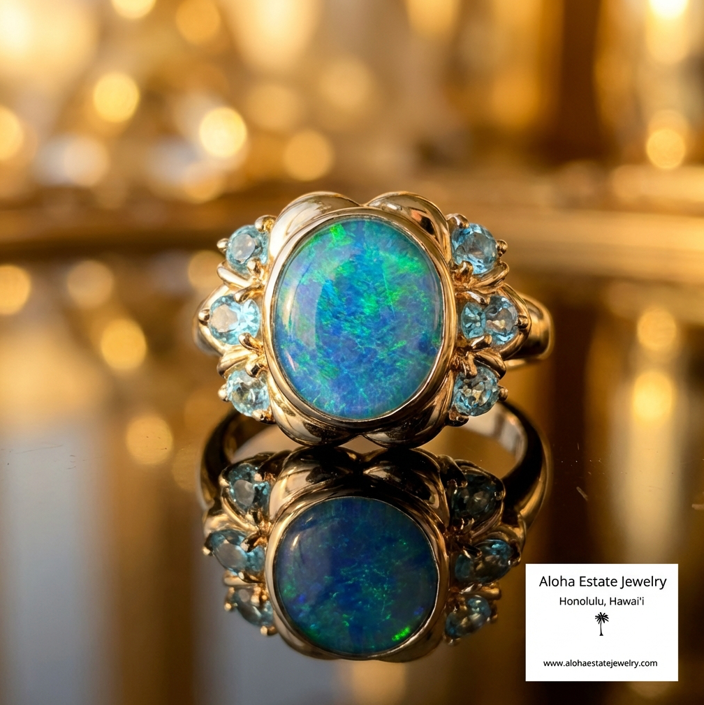 Australian Blue-Green Black Opal & Blue Spinel Ring in 14K