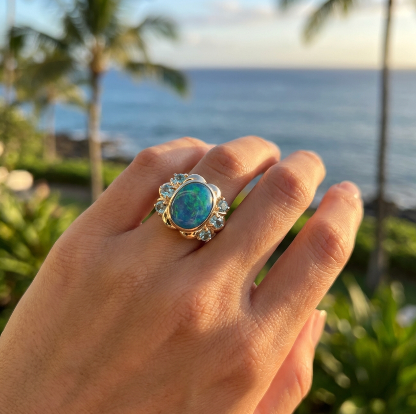 Australian Blue-Green Dark Opal & Blue Spinel Ring in 14K