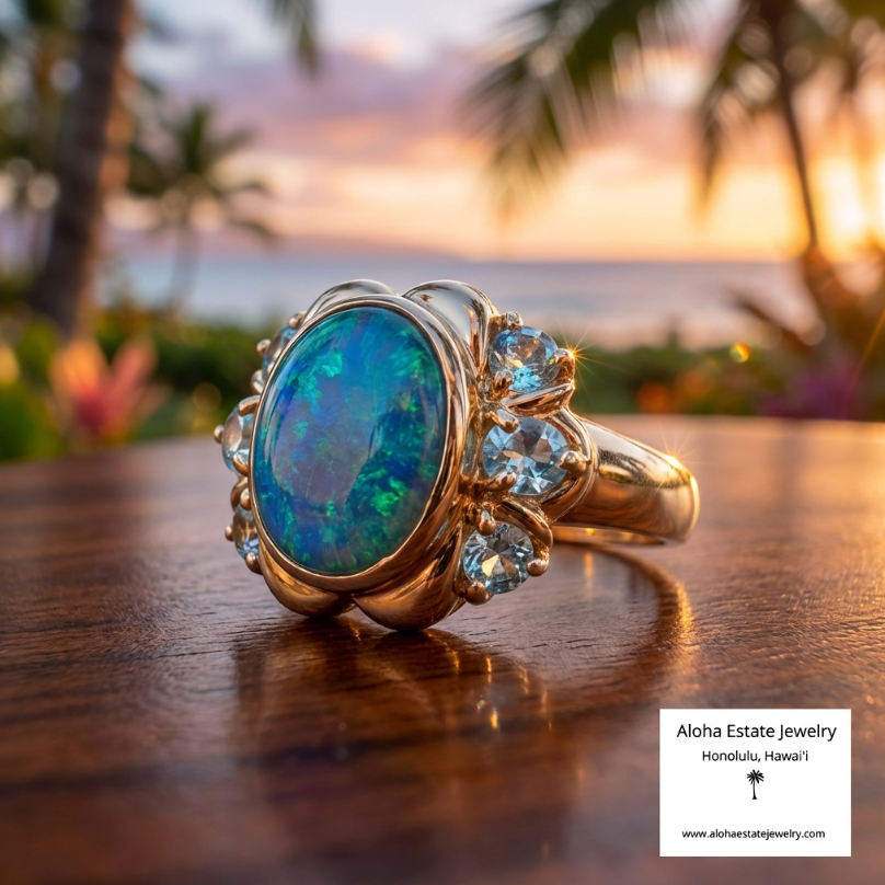 Australian Blue-Green Dark Opal & Blue Spinel Ring in 14K