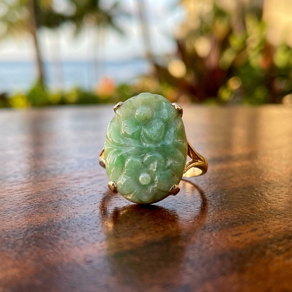 Vintage 14k Carved Jadeite Cabochon Ring