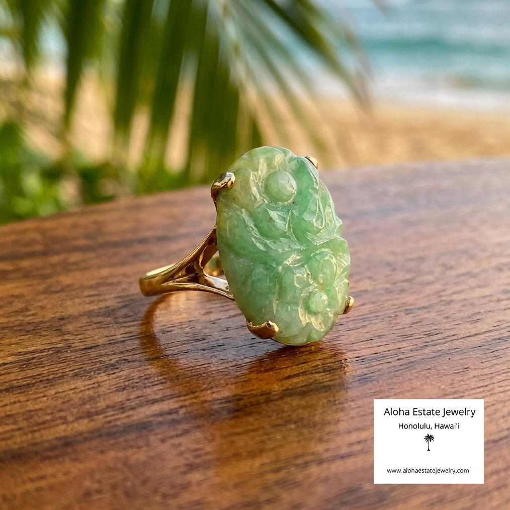 Vintage 14k Carved Jadeite Cabochon Ring