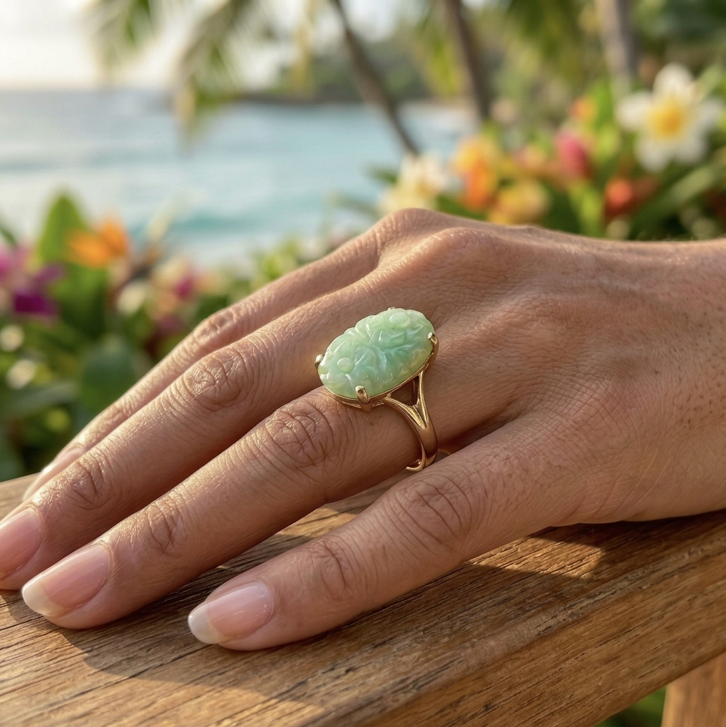 Vintage 14k Carved Jadeite Cabochon Ring