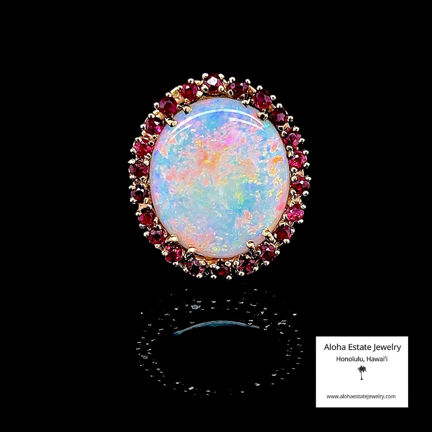 Estate Australian White Opal & Red Spinel Halo Ring in 14K