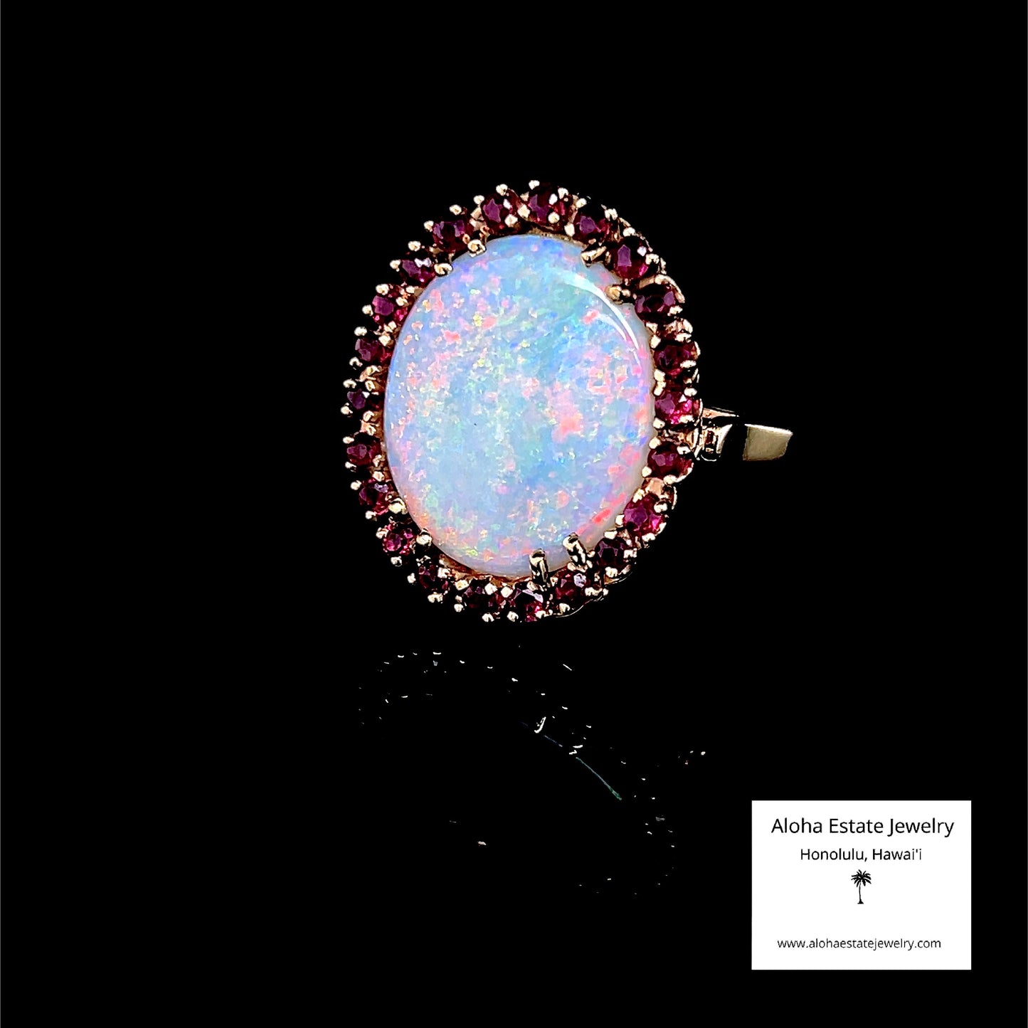 Estate Australian White Opal & Red Spinel Halo Ring in 14K