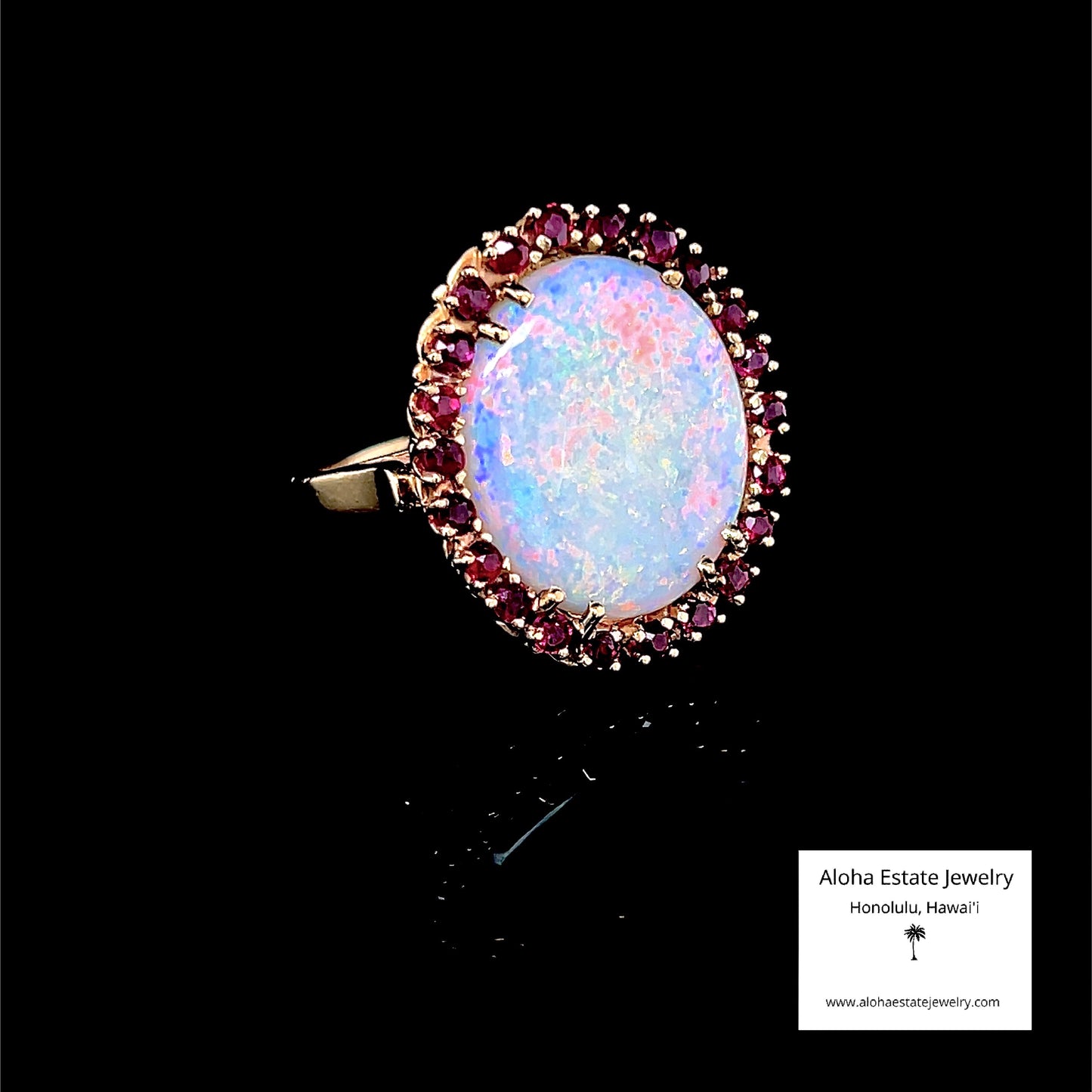 Estate Australian White Opal & Red Spinel Halo Ring in 14K