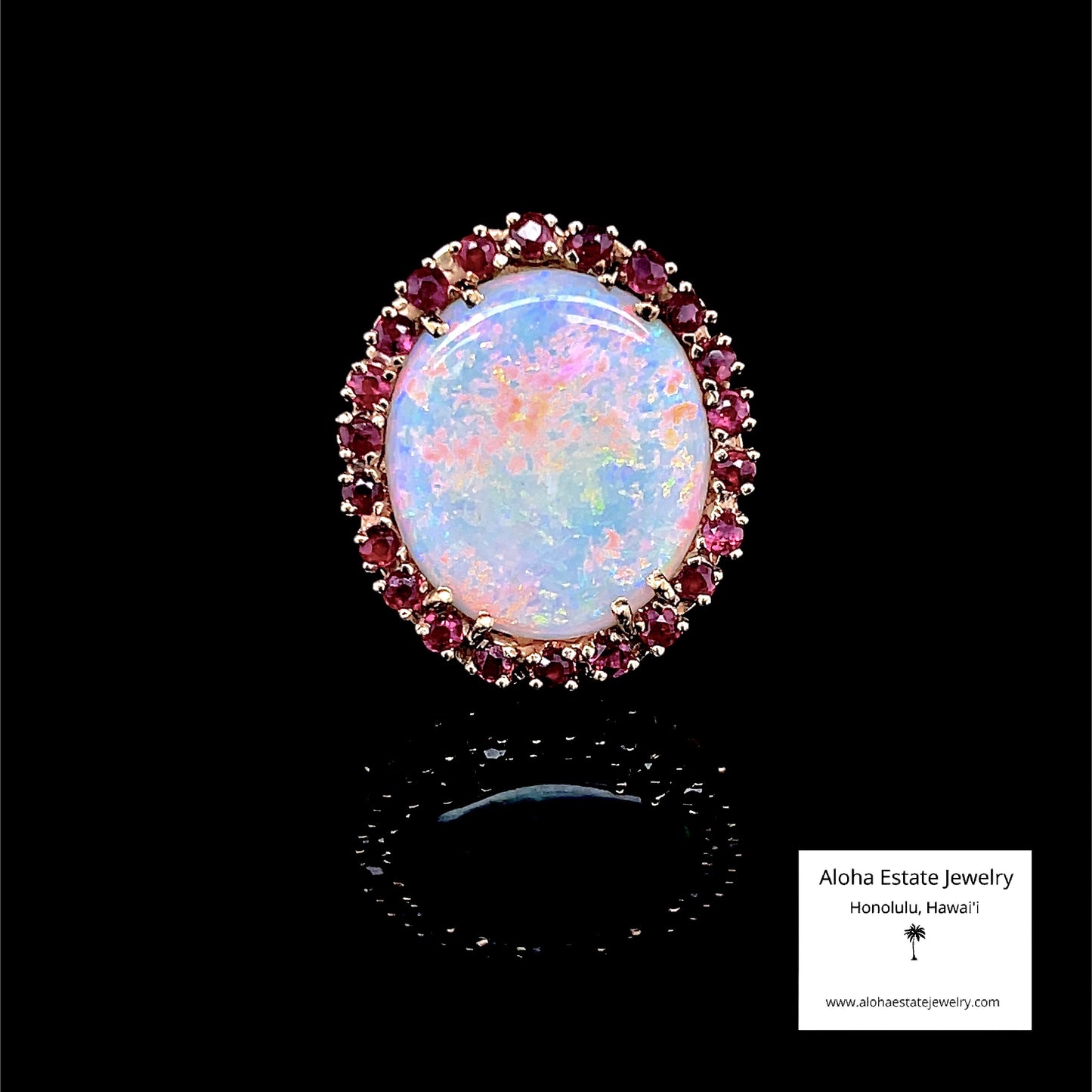 Estate Australian White Opal & Red Spinel Halo Ring in 14K