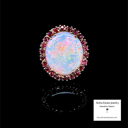 Estate Australian White Opal & Red Spinel Halo Ring in 14K