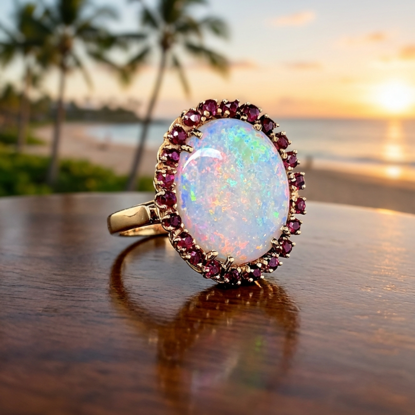 Estate Australian White Opal & Red Spinel Halo Ring in 14K
